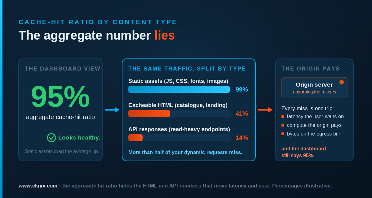 Cache-hit ratio by content type: a reassuring 95% aggregate hides a 41% hit ratio on cacheable HTML and 14% on API responses, so more than half of your dynamic requests still travel to origin where they cost latency, compute and egress.